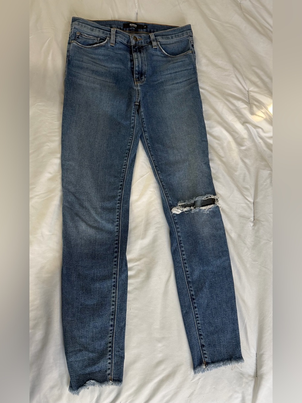 Hudson Jeans Distressed Mid Blue Skinny Jeans